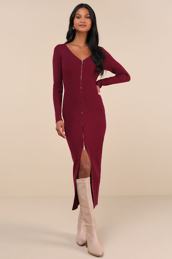 Lulus Snuggly Sweetness Plum Ribbed Zip-front Sweater Midi Dress In Purple