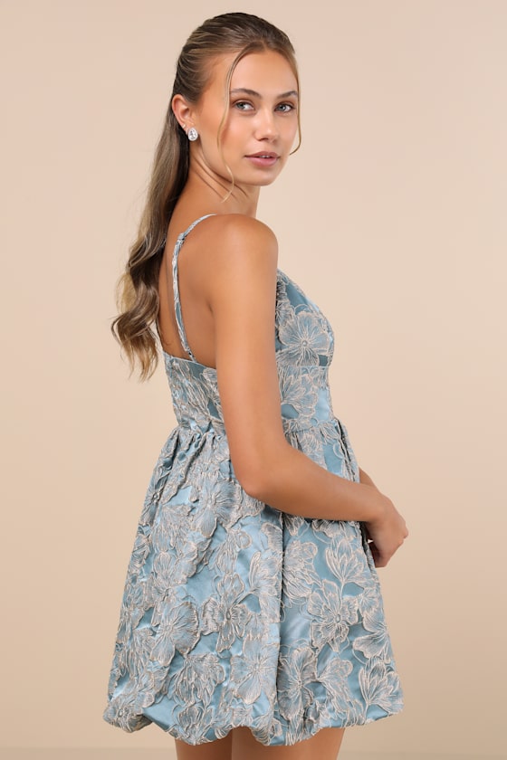 Slate Blue Dress - Floral Jacquard Dress - Bubble-Hem Mini Dress