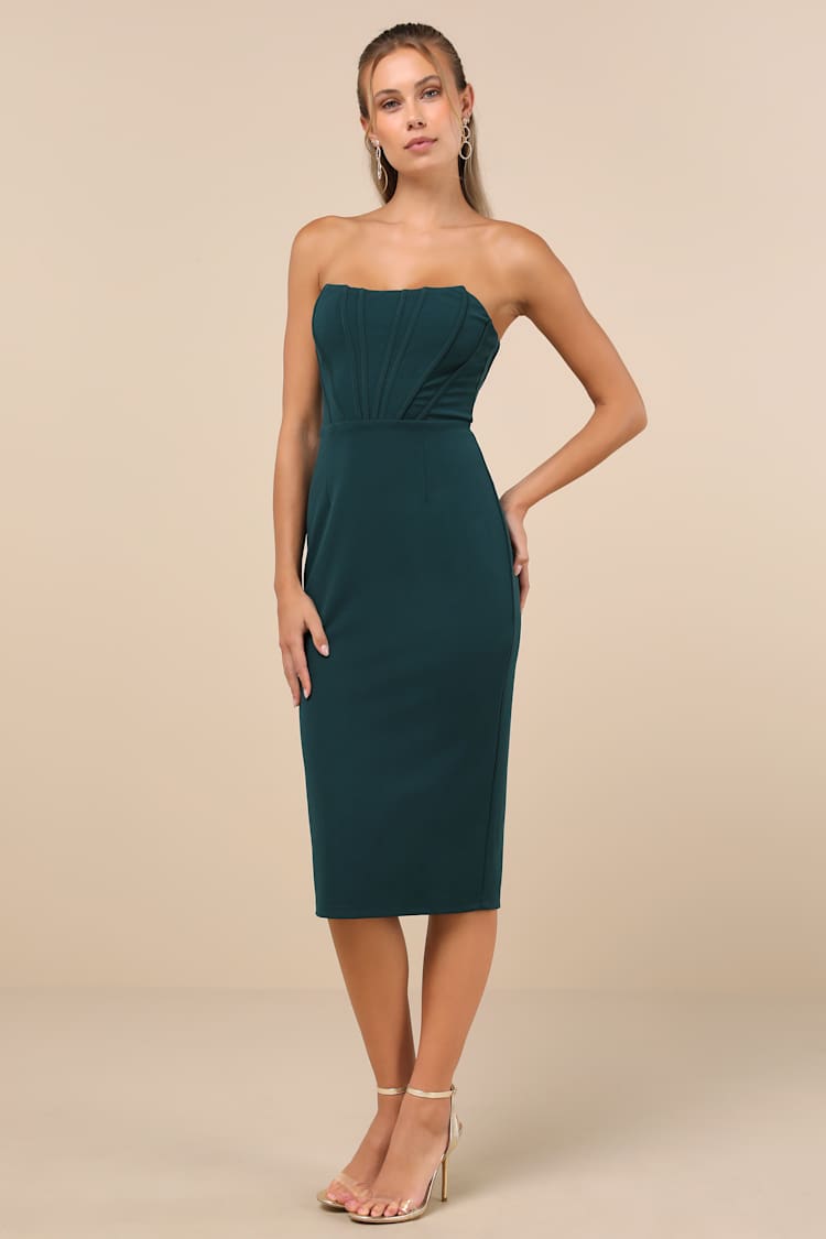 Gorgeously Sultry Emerald Green Bustier Strapless Midi Dress