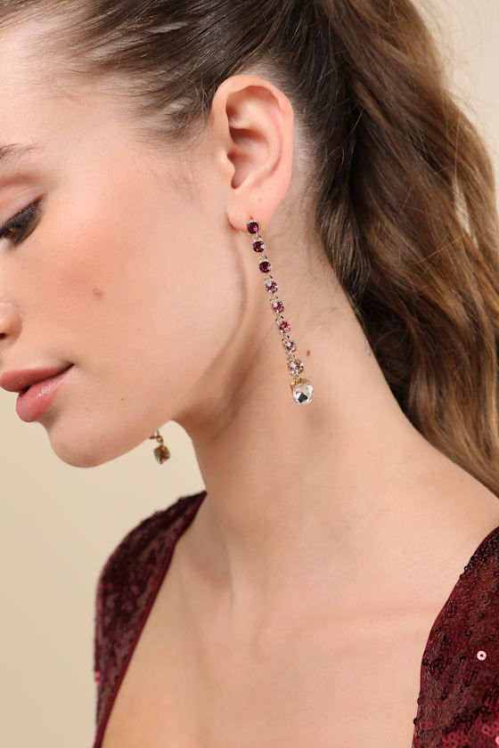 LULUS SPARKLING INSTINCT GOLD AND PINK RHINESTONE DROP EARRINGS