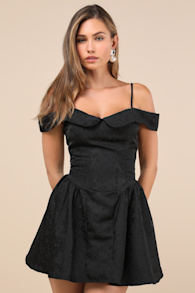 Flirty Enticement Black Jacquard Off-the-Shoulder Mini Dress