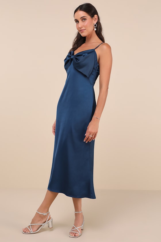 Lulus Extravagantly Sleek Navy Blue Satin Sleeveless Bow Midi Dress In Navy Blue