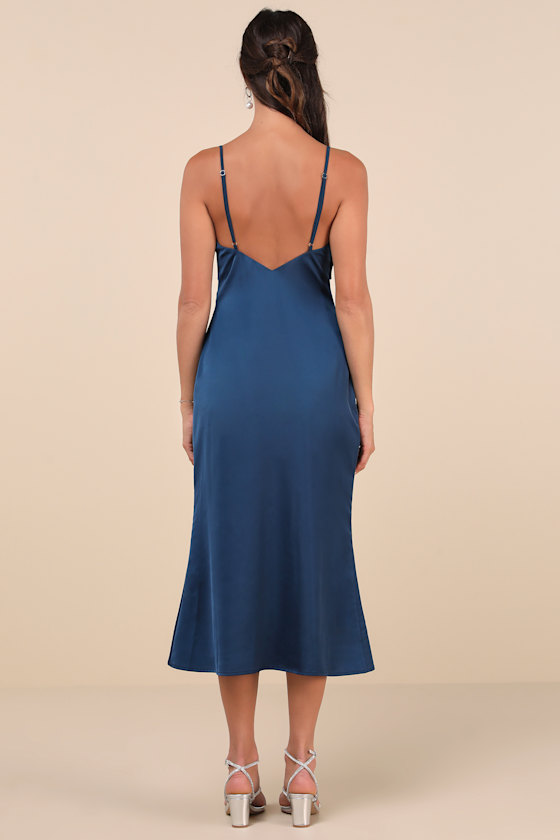Lulus Extravagantly Sleek Navy Blue Satin Sleeveless Bow Midi Dress In Navy Blue
