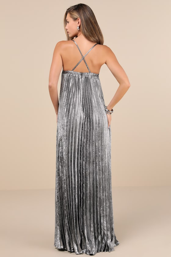 Brilliant Allure Silver Metallic Lurex Pleated Maxi Dress 4