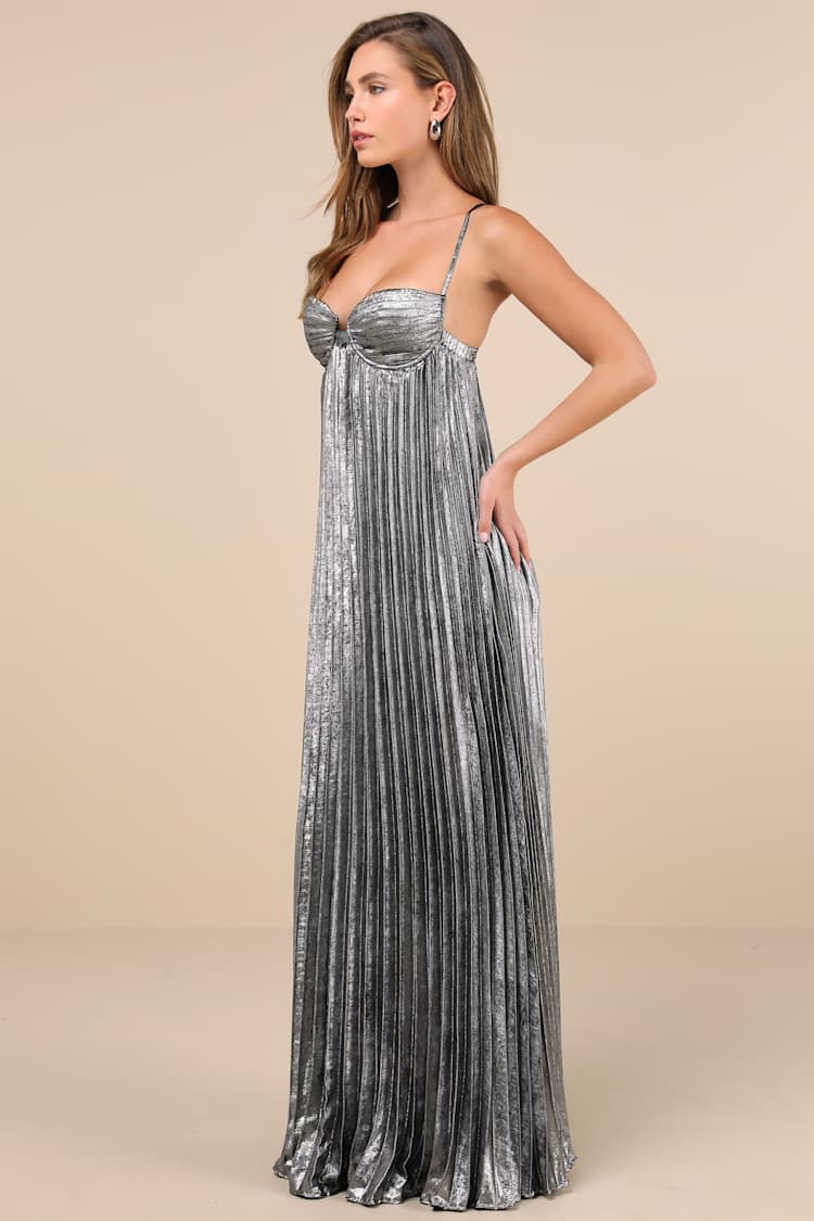 Brilliant Allure Silver Metallic Lurex Pleated Maxi Dress