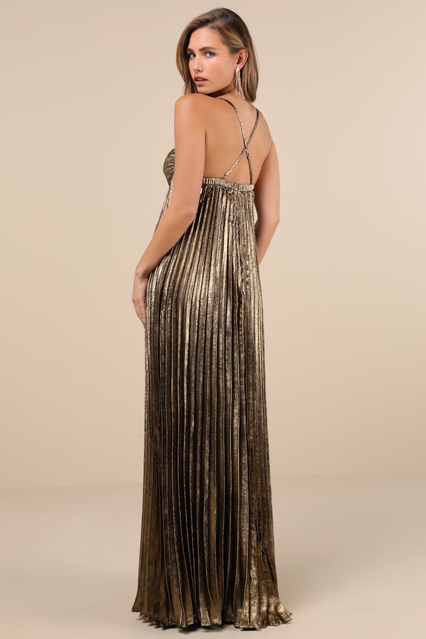 Brilliant Allure Gold Metallic Lurex Pleated Maxi Dress
