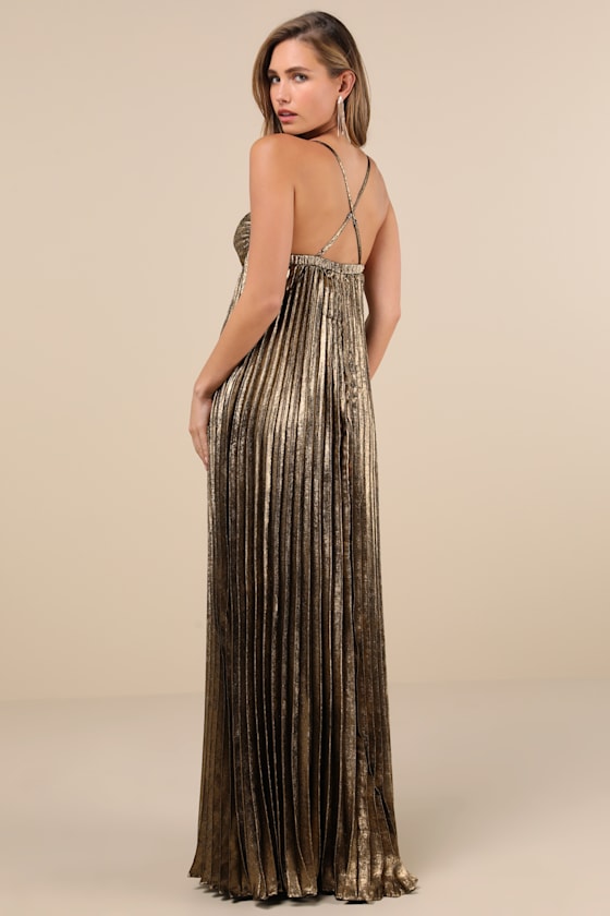 Brilliant Allure Gold Metallic Lurex Pleated Maxi Dress 1