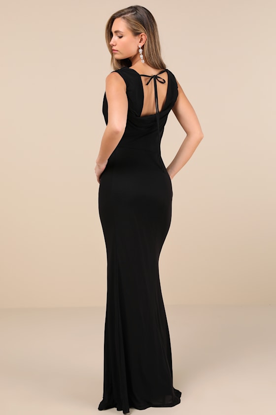 Lulus Stunning Mystery Black Mesh Cowl Back Mermaid Maxi Dress In Black