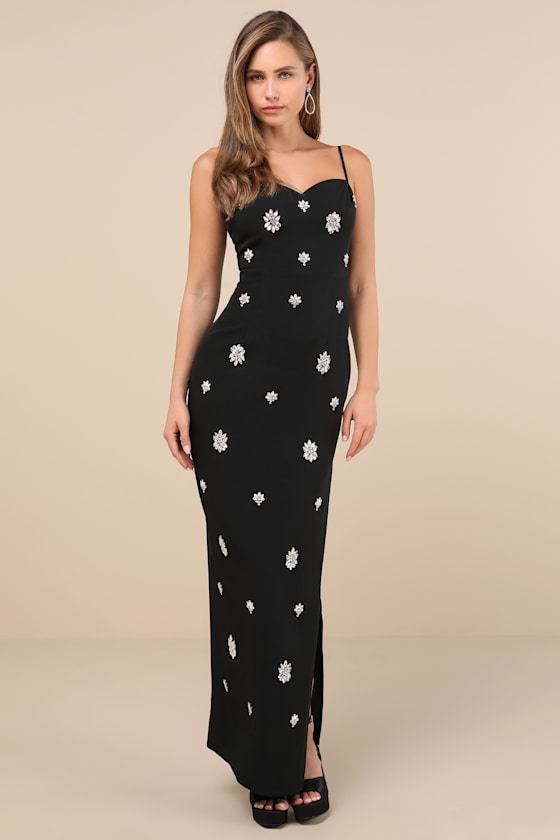 Lulus Completely Regal Black Rhinestone Sleeveless Column Maxi Dress In Black