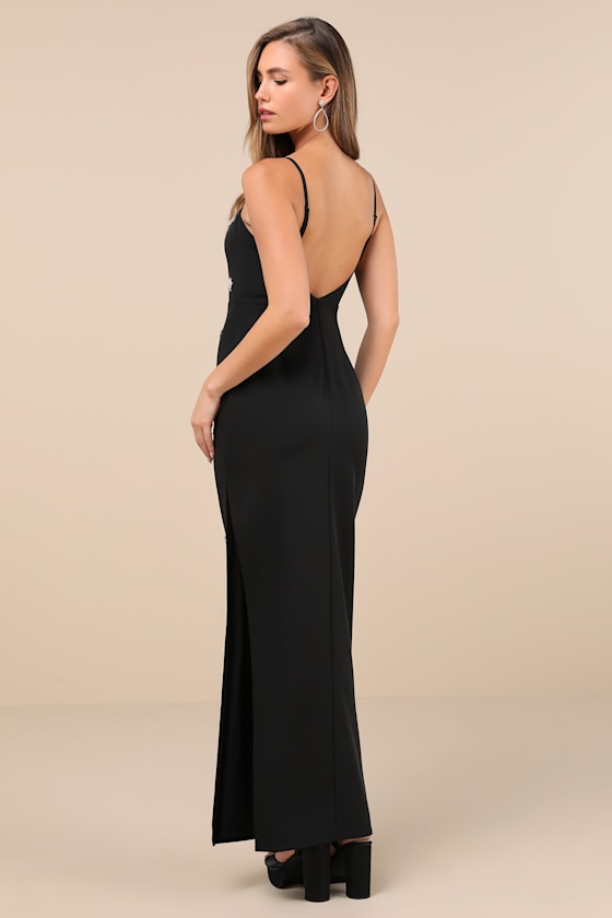 Lulus Completely Regal Black Rhinestone Sleeveless Column Maxi Dress In Black