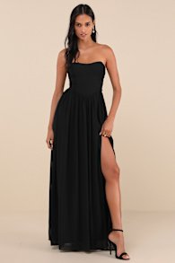 Luxe Favorite Black Strapless Ruched Maxi Dress 3