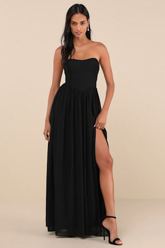 Luxe Favorite Black Strapless Ruched Maxi Dress 3