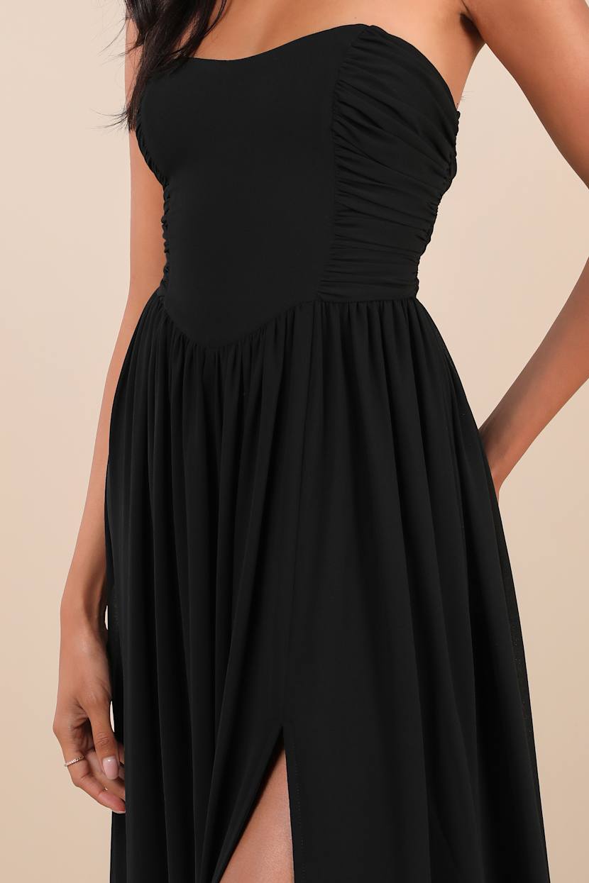 Luxe Favorite Black Strapless Ruched Maxi Dress