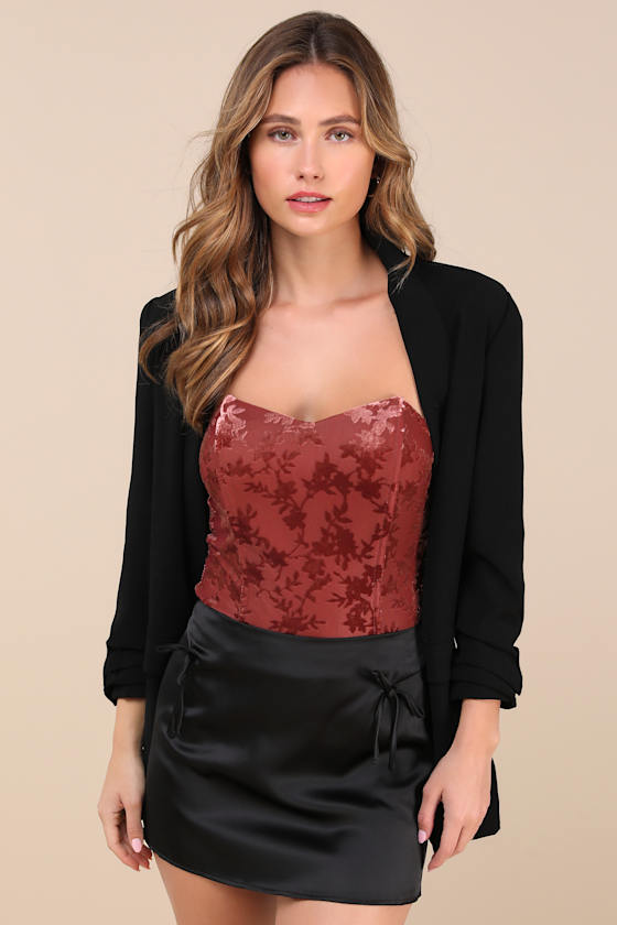 Shop Lulus Iconic Beauty Dark Mauve Velvet Floral Strapless Bodysuit