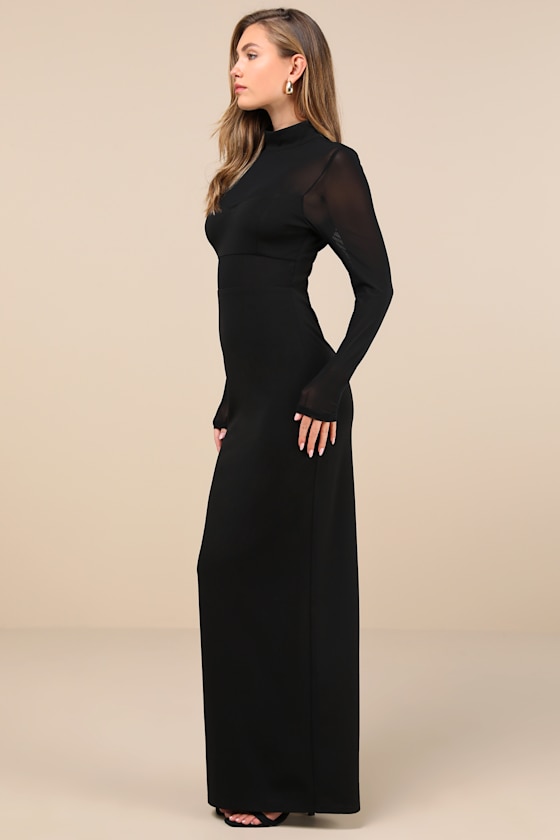 Lulus Forever Modern Black Mesh Long Sleeve Maxi Dress In Black
