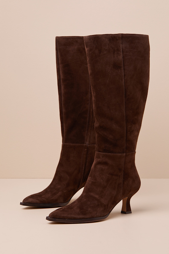 Auggie Wide Calf Dark Brown Suede Pointed-Toe Knee-High Boots 1