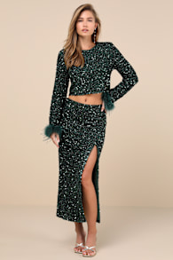 Sparkling Behavior Emerald Green Sequin High-Rise Midi Skirt 2