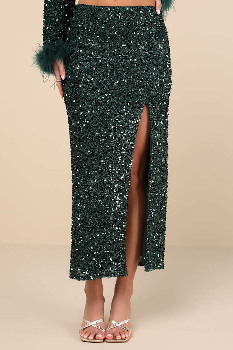 Sparkling Behavior Emerald Green Sequin High-Rise Midi Skirt