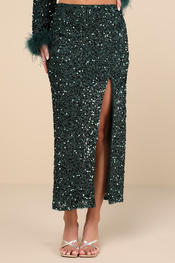 Sparkling Behavior Emerald Green Sequin High-Rise Midi Skirt 3