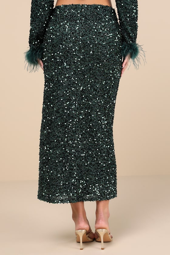LULUS SPARKLING BEHAVIOR EMERALD GREEN SEQUIN HIGH-RISE MIDI SKIRT