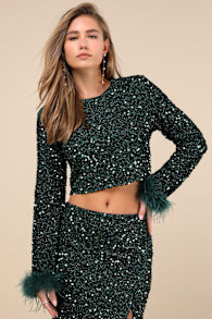 Sparkling Behavior Emerald Green Sequin Feather Long Sleeve Top 2