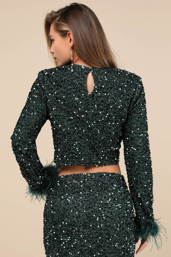 Lulus Sparkling Behavior Emerald Green Sequin Feather Long Sleeve Top In Emerald Green