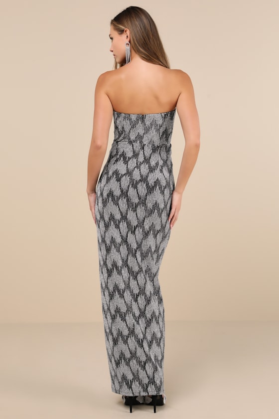 LULUS SHIMMERING RSVP SHINY SILVER LUREX STRAPLESS MAXI DRESS