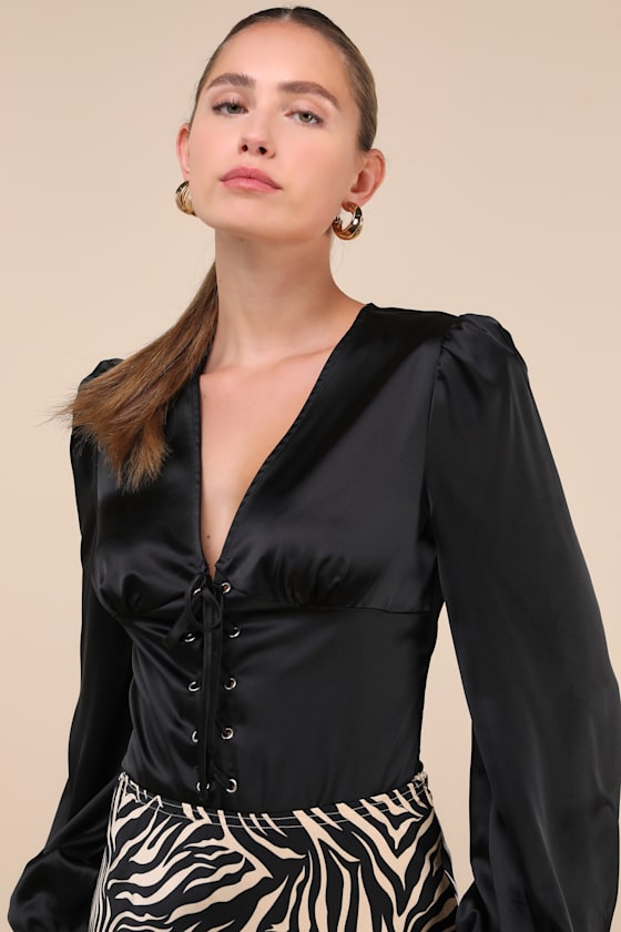 LULUS UNIQUE COMPOSURE BLACK SATIN BALLOON SLEEVE LACE-UP BODYSUIT