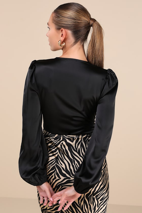 LULUS UNIQUE COMPOSURE BLACK SATIN BALLOON SLEEVE LACE-UP BODYSUIT