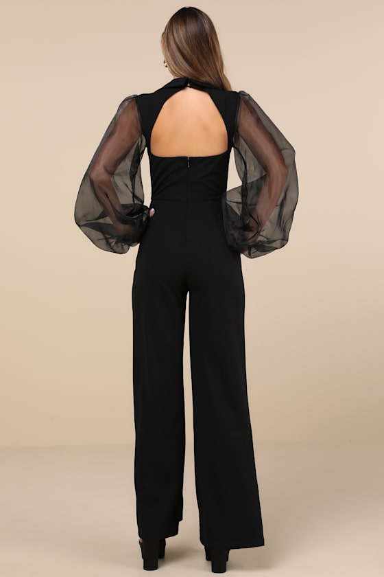 Lulus Poised Extravagance Black Organza Sleeve Backless Jumpsuit In Black