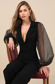 Poised Extravagance Black Organza Sleeve Backless Jumpsuit