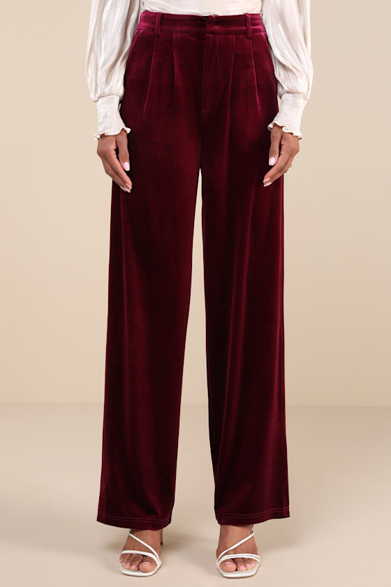 Plum Velvet Trousers - Velvet Pants - High-Rise Trouser