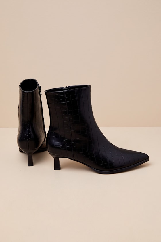 Portwood Black Croc-Embossed Kitten Heel Ankle Booties 3