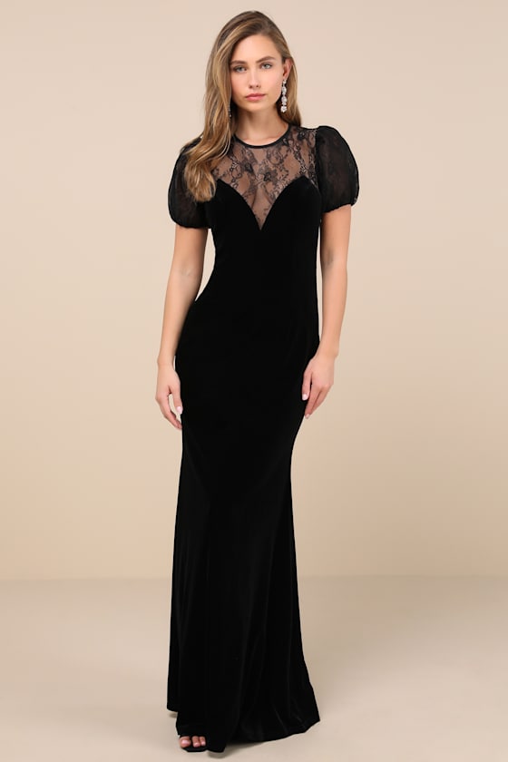 Lulus Alluring Event Black Velvet Lace Puff Sleeve Maxi Dress In Black