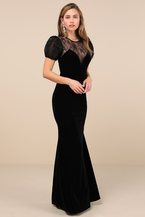 Lulus Alluring Event Black Velvet Lace Puff Sleeve Maxi Dress In Black