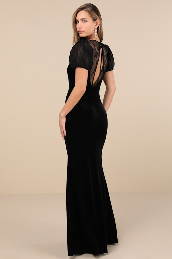 Lulus Alluring Event Black Velvet Lace Puff Sleeve Maxi Dress In Black