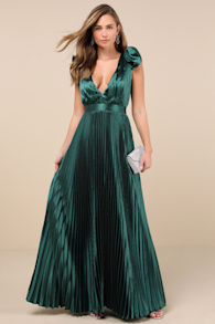 Exceptional Drama Emerald Satin Lace-Up Pleated Maxi Dress 1