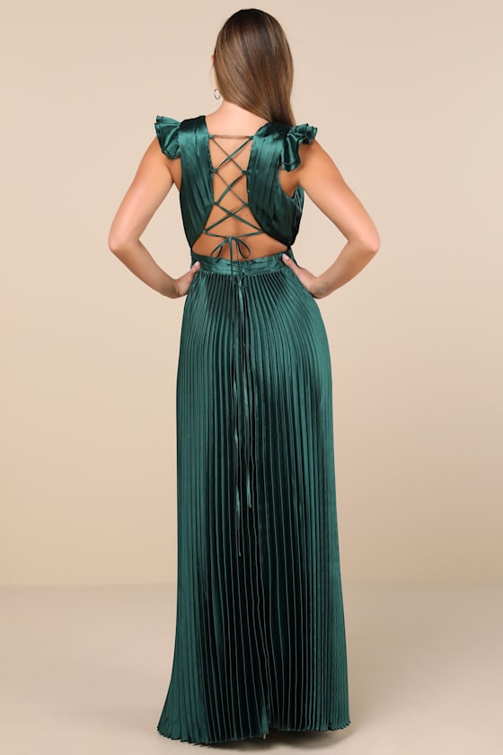 Lulus Exceptional Drama Emerald Satin Lace-up Pleated Maxi Dress In Green |  ModeSens