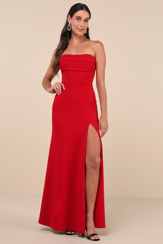 Spellbinding Allure Red Bustier Strapless Mermaid Maxi Dress 4