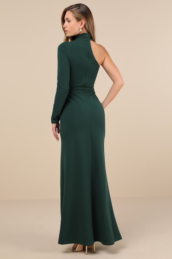 Elegant One-Shoulder Flowing Silhouette Dress Emerald