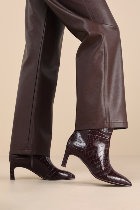 Gradie Chocolate Croc-Embossed Pointed-Toe Ankle Boots 1