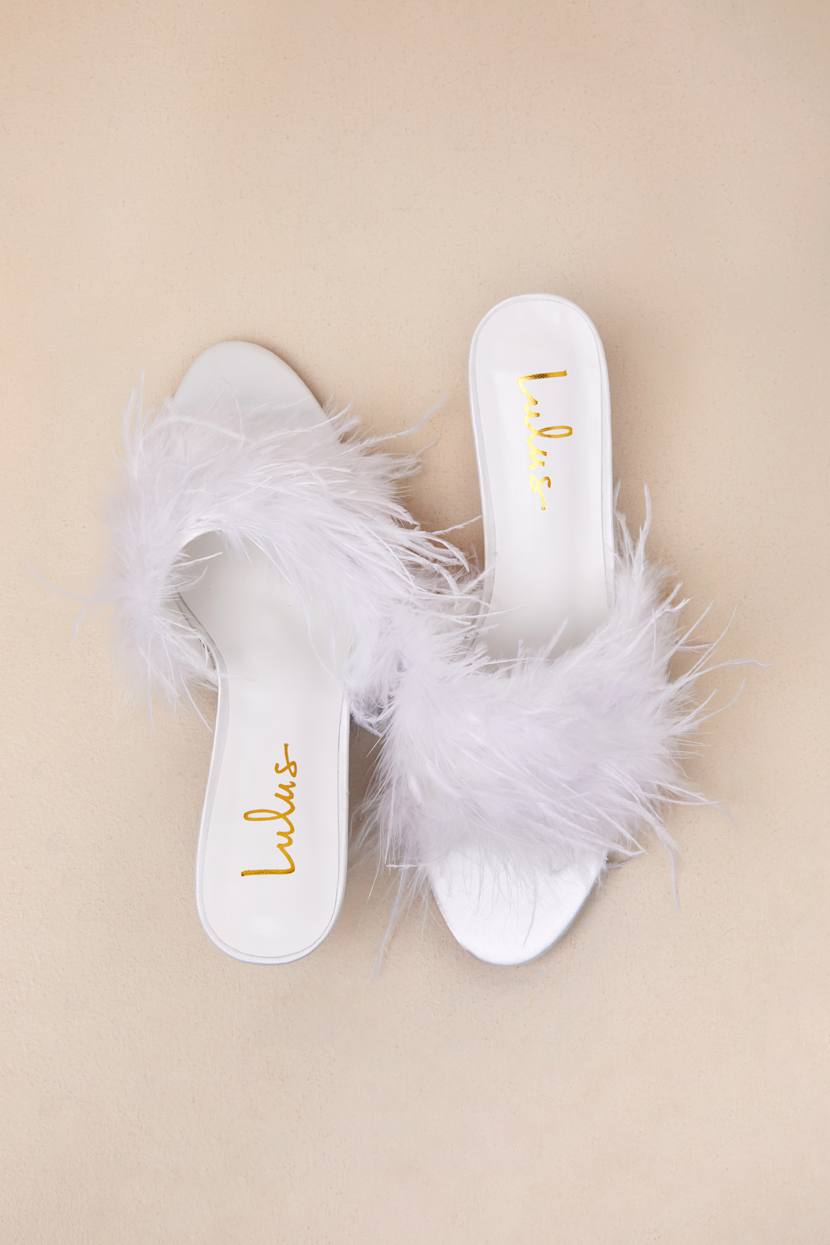 White Slide Sandals - Feather Heels - Low Heel Slide Sandals  display picture 1