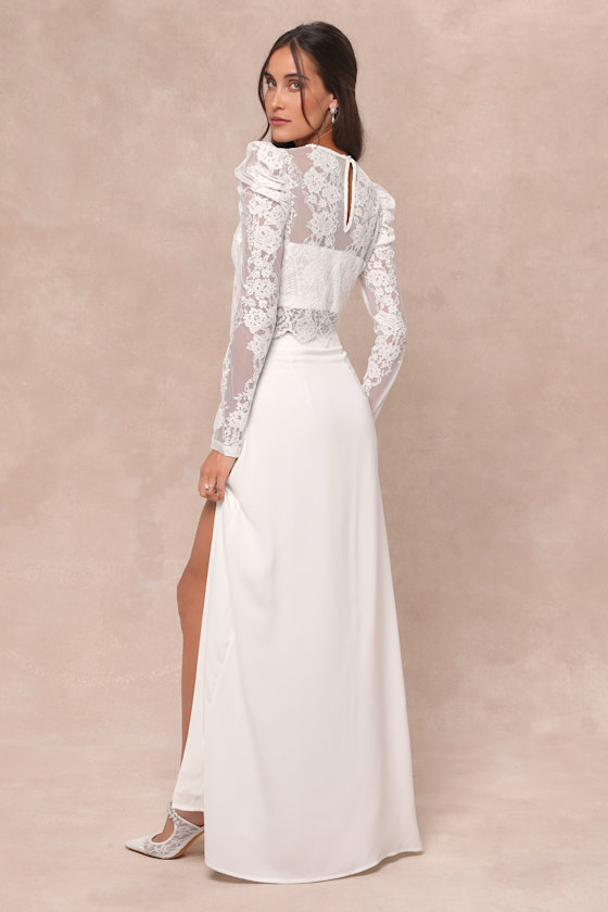 LULUS HEAVENLY PROMISE WHITE SHEER LACE TWO-PIECE MAXI DRESS