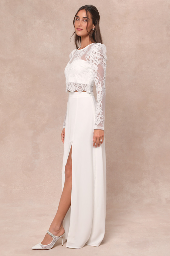LULUS HEAVENLY PROMISE WHITE SHEER LACE TWO-PIECE MAXI DRESS
