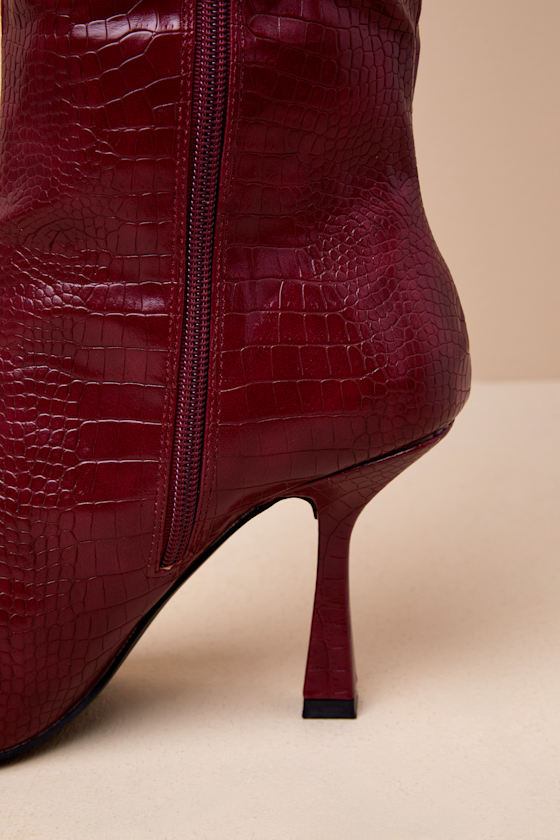 Lulus Harpwood Burgundy Croc-embossed Over-the-knee Boots In Burgundy