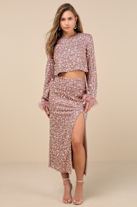 Sparkling Behavior Mauve Pink Sequin High-Rise Midi Skirt 1