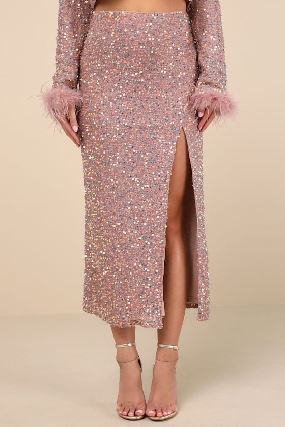LULUS SPARKLING BEHAVIOR MAUVE PINK SEQUIN HIGH-RISE MIDI SKIRT