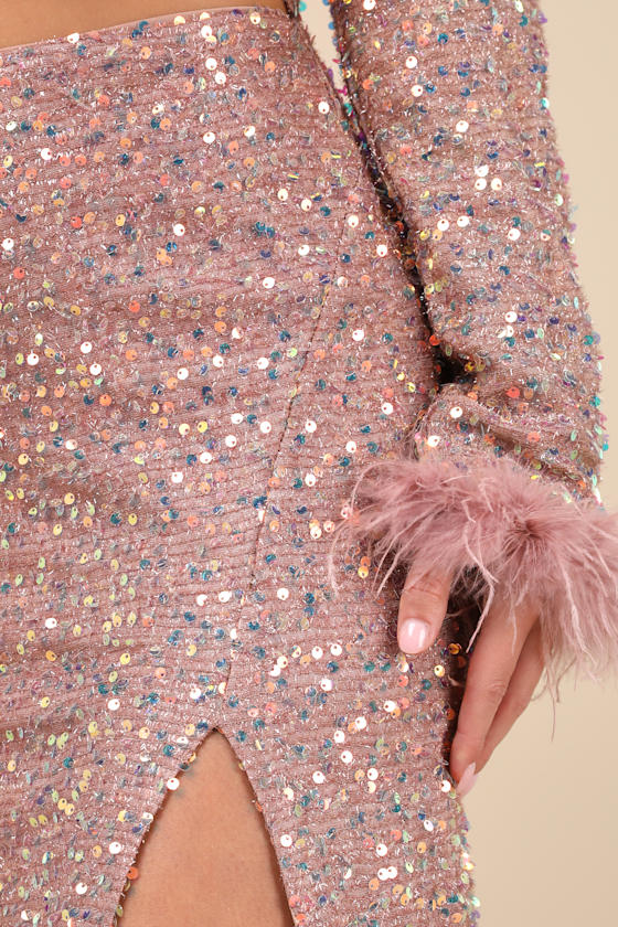 LULUS SPARKLING BEHAVIOR MAUVE PINK SEQUIN HIGH-RISE MIDI SKIRT