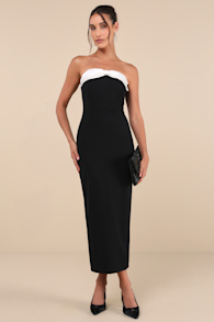 Luxe Silhouette Black and White Bow Strapless Bodycon Midi Dress