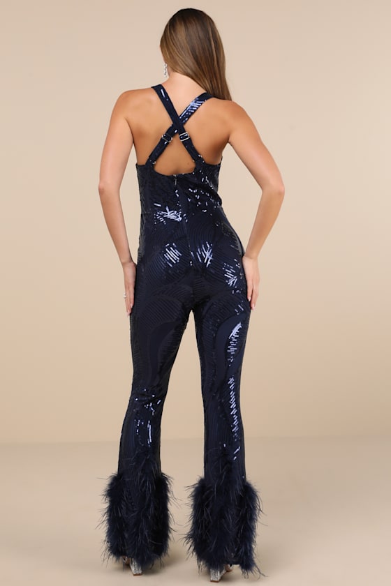 Dazzling Skill Navy Sequin Feather Hem Jumpsuit 2